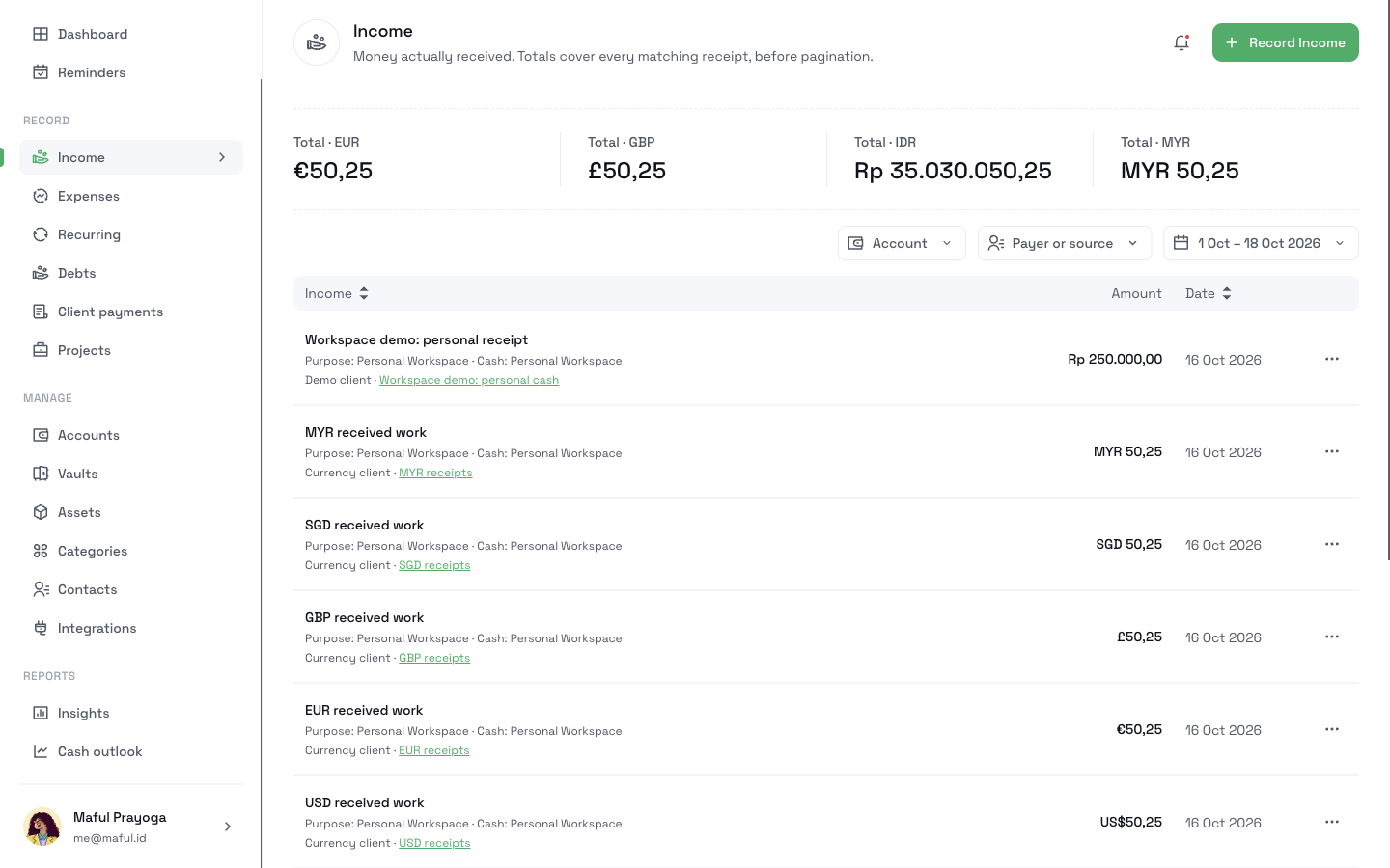 The CatatKoin Income page with received payments, their sources, and receiving accounts