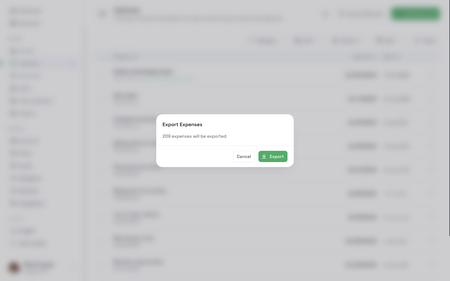 The CatatKoin Export Expenses dialog showing how many expenses will be exported, with Cancel and Export buttons